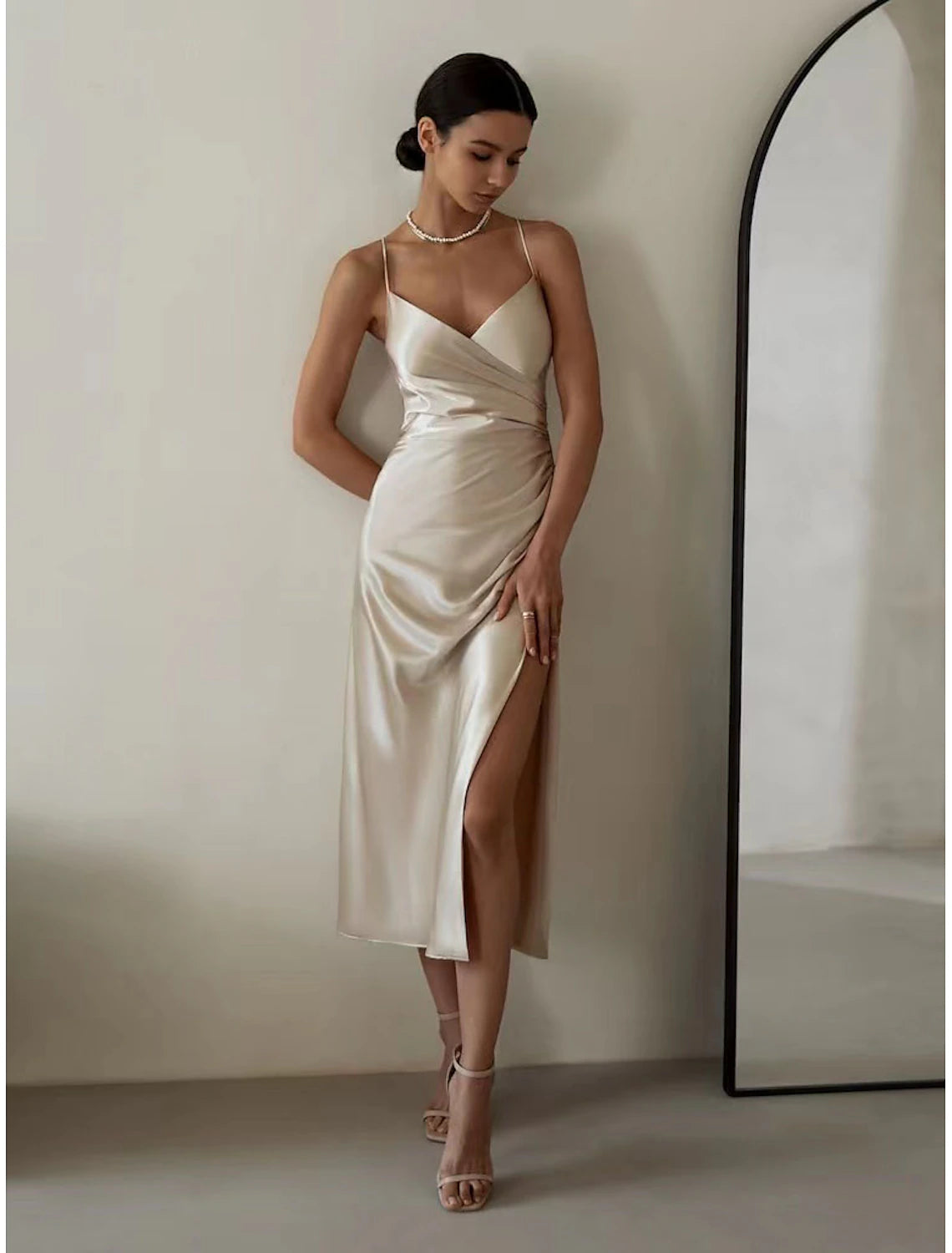Women's Midi Dress Party Dress Satin Dress Champagne Sleeveless Pure Color Split Ruched V Neck Stylish Elegant Sexy Dress