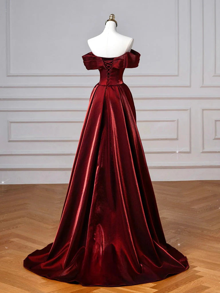 Simple Off Shoulder Satin Burgundy Long Prom Dress Burgundy Long Formal Dress