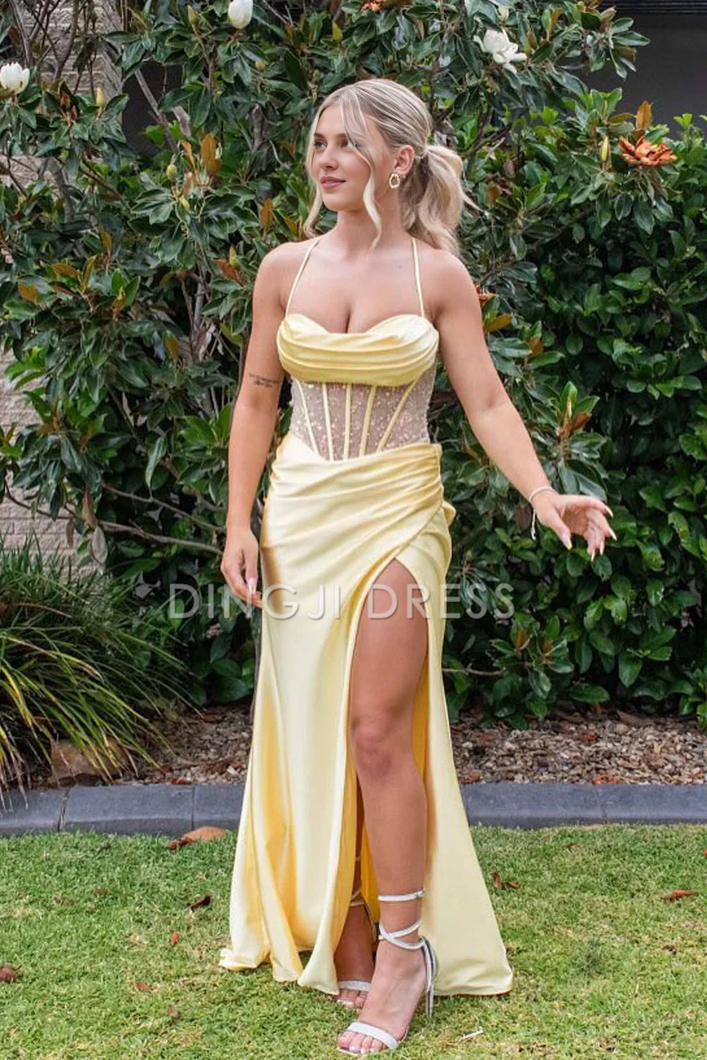 DingJiDress Charming Mermaid Spaghetti Straps Backless Corset with Split Front Fashion Prom Dress