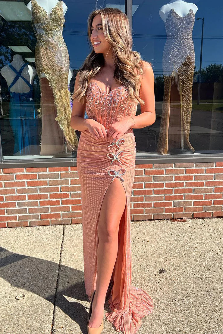 Charming Mermaid Sweetheart Blush Sequins Long Prom Dresses with Beading