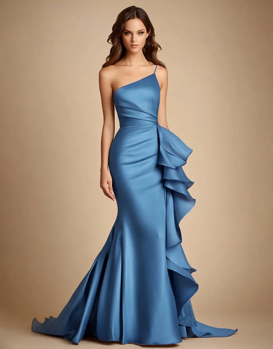 Blue Elegant Single Shoulder Thin Shoulder Strap Satin Long Dress