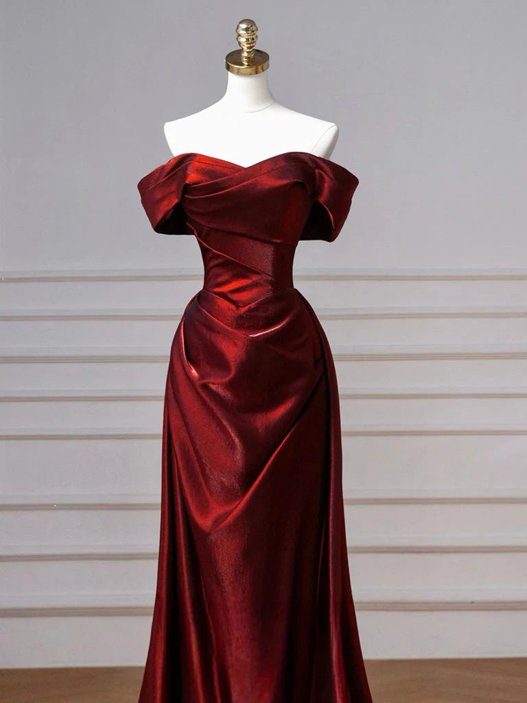Simple Off Shoulder Satin Burgundy Long Prom Dress Burgundy Long Formal Dress