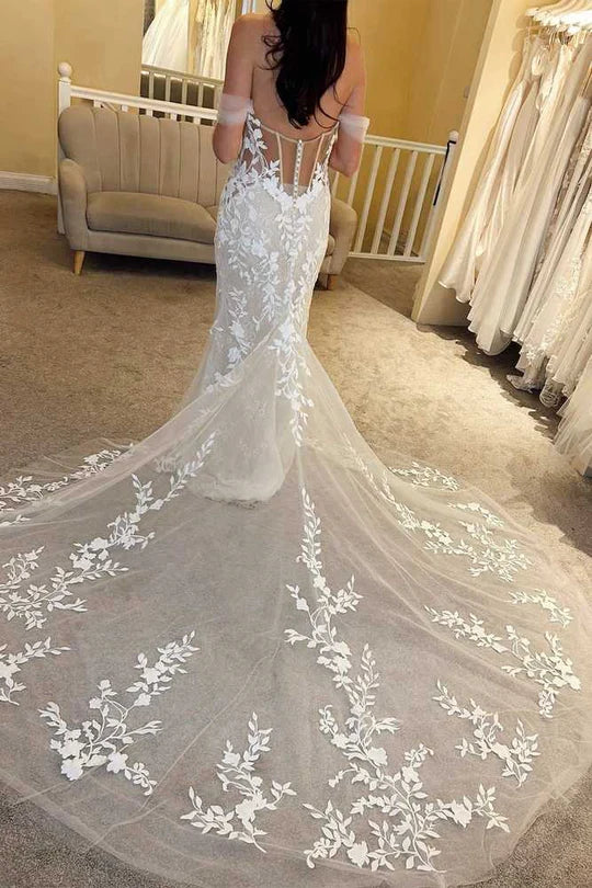 Floral Lace Off-the-Shoulder Mermaid Long Wedding Dress