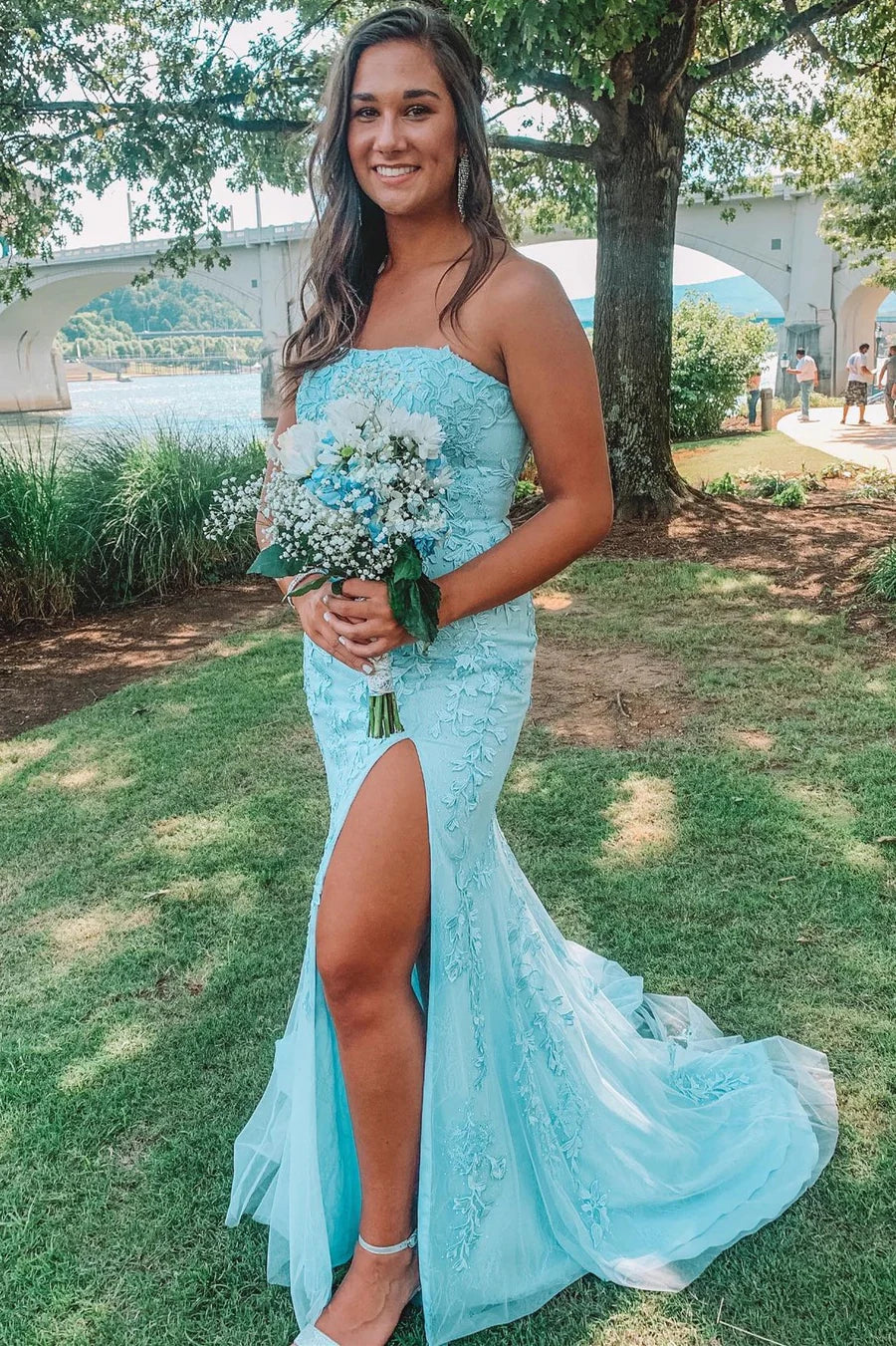 Strapless Applique Mermaid Long Formal Dress with Slit