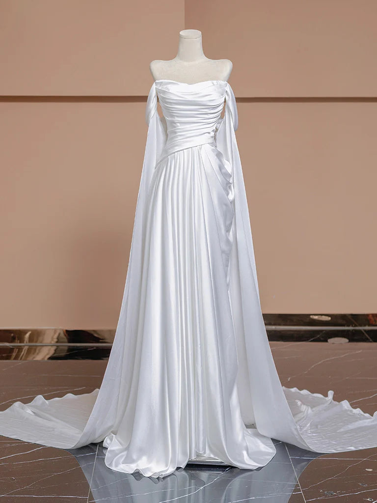 A-Line Satin White Long Prom Dress White Long Formal Dress