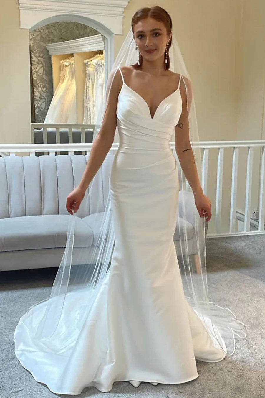 Spaghetti Strap Backless Trumpet Long Wedding Dress