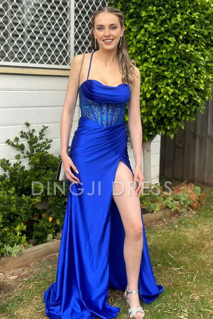 DingJiDress Charming Mermaid Spaghetti Straps Backless Corset with Split Front Fashion Prom Dress