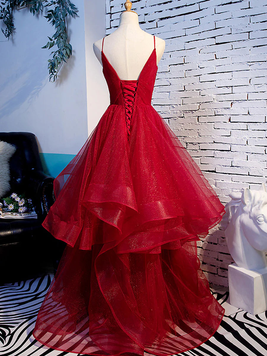 Burgundy v neck tulle long prom dress burgundy evening dress