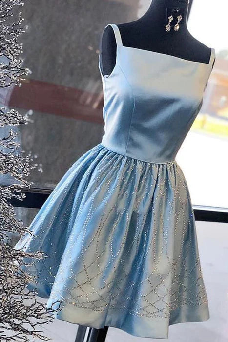Shiny Blue Satin Beading Square Neck Sleeveless Homecoming Knee Length Prom Dress