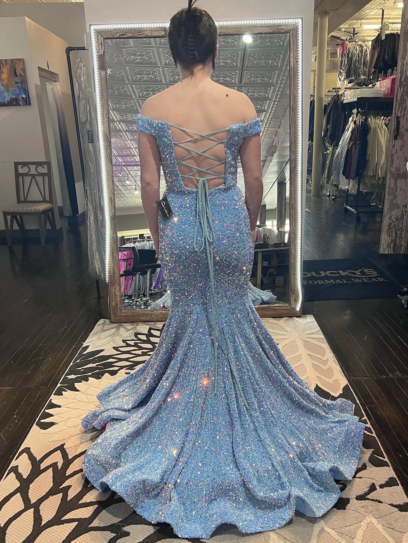 Mermaid Sequin Light Blue Off the Shoulder Long Prom Dress