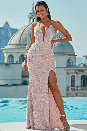Pink Iridescent Sequin Plunge V Lace-Up Long Prom Dress ﻿