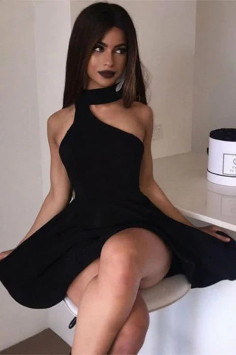 Black Unique Satin Homecoming Simple Short Prom Dress