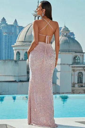 Pink Iridescent Sequin Plunge V Lace-Up Long Prom Dress ﻿