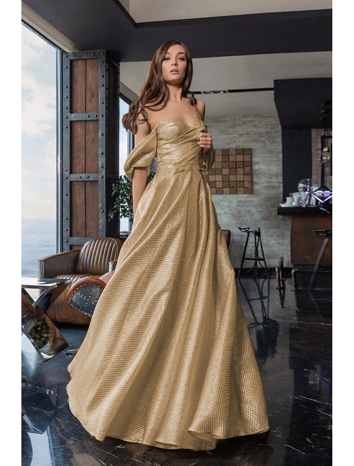 A-Line Evening Gown Elegant Dress Formal Sweep / Brush Train Long Sleeve One Shoulder Pocket Satin with Glitter
