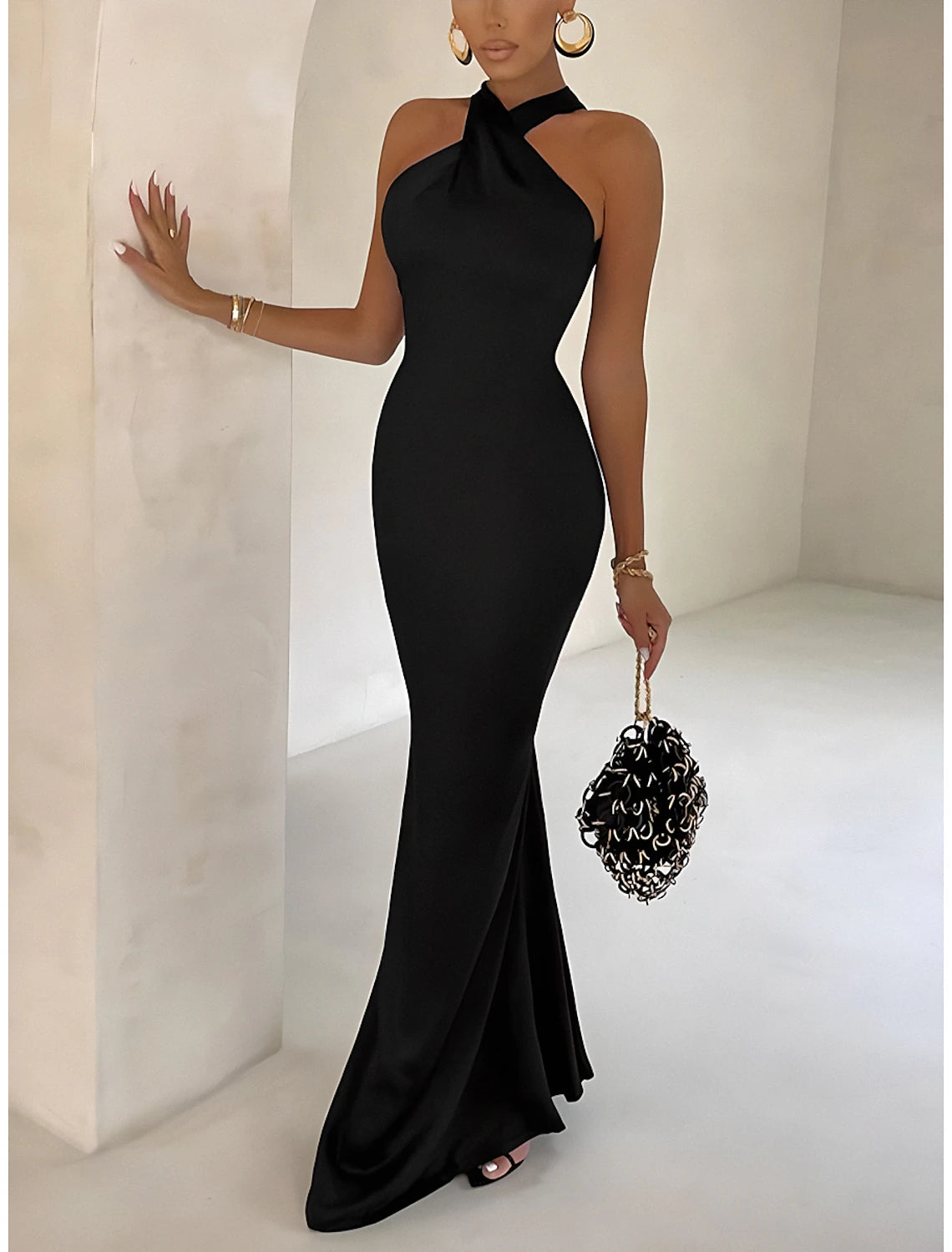 Women's Black Dress Party Dress Bodycon Backless Halter Neck Sleeveless Formal Special Occasion Stylish Black Brown Summer Spring