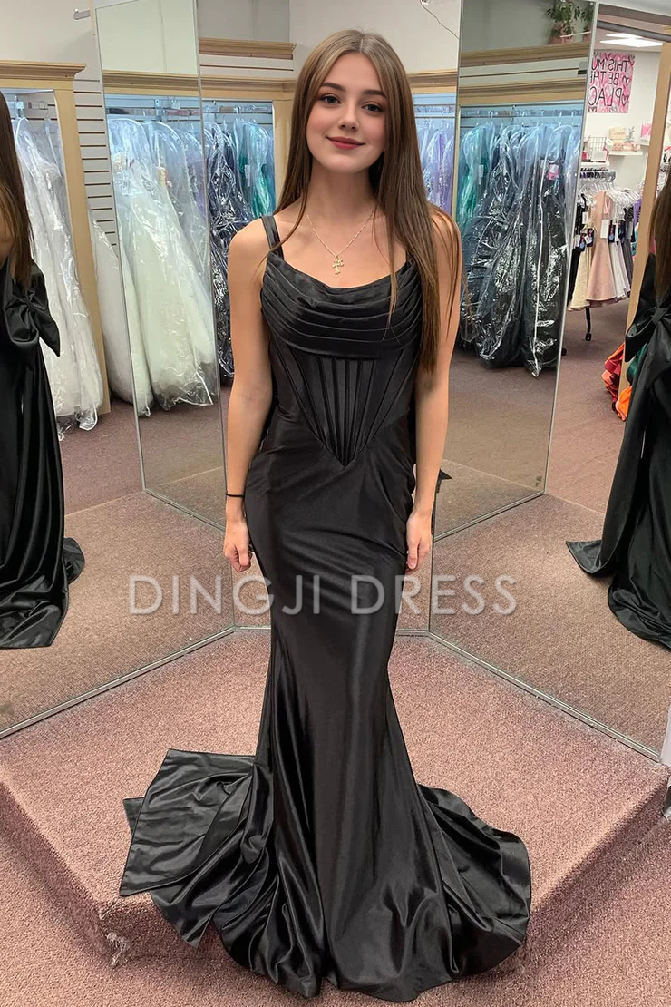 DingJiDress Sexy Mermaid Sweetheart Pleated Bodice Satin Backless Cute Big Bow Prom Dress