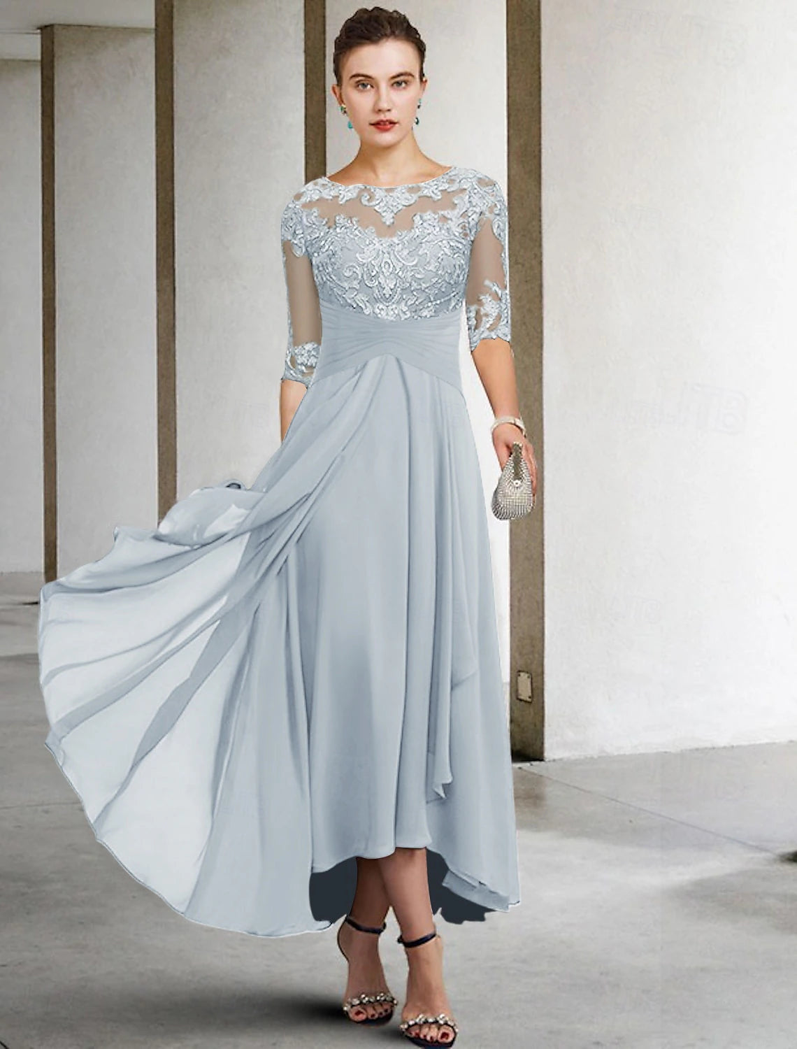 A-Line Mother of the Bride Dress Wedding Guest Elegant Plus Size High Low V Neck Asymmetrical Ankle Length Chiffon Lace Half Sleeve with Beading Appliques