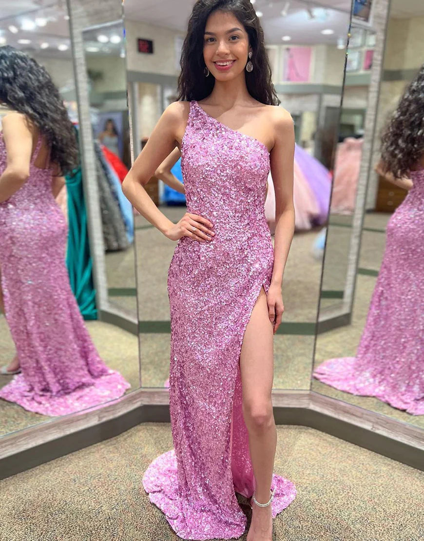 Light Purple One Shoulder Sequin Prom Dress With Slit