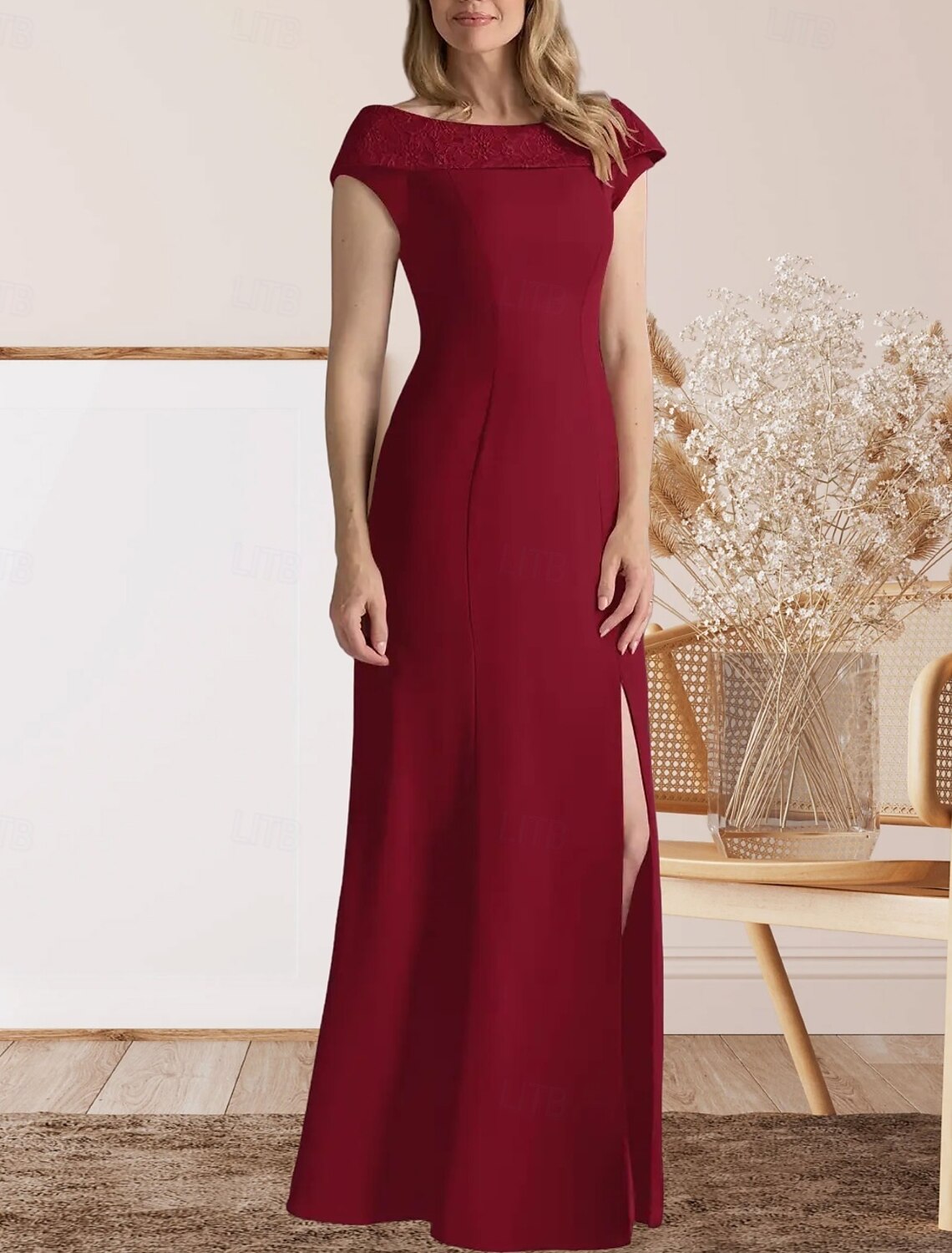 Mermaid / Trumpet Mother of the Bride Dress Wedding Guest Elegant Sweet Crew Neck Floor Length Lace Stretch Fabric Cap Sleeve with Lace Split Front