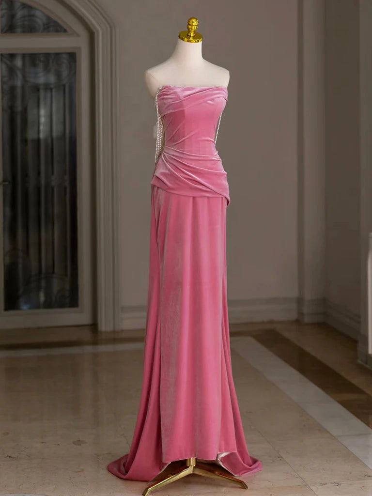 Pink Mermaid Velvet Beads Long Prom Dress Pink Long Formal Dress