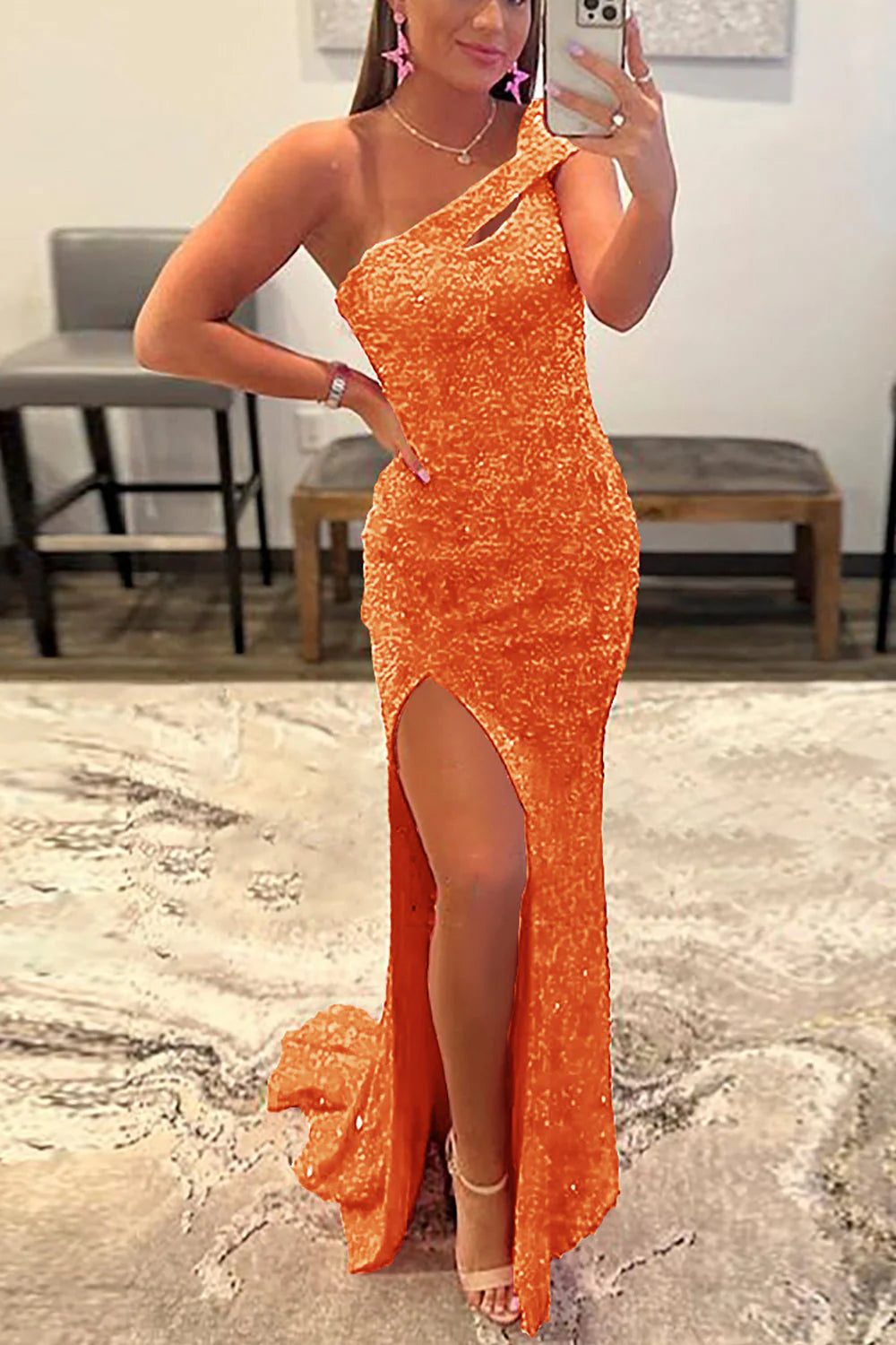 Pink long shoulder slit sequin dance dress