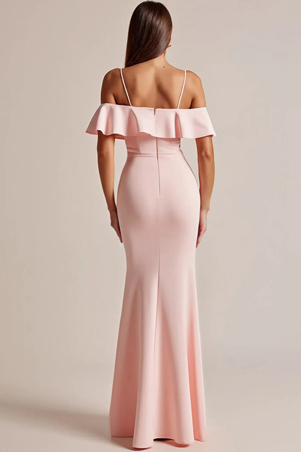 Pink Satin Spaghetti Straps Long Sheath Prom Dressith Slit