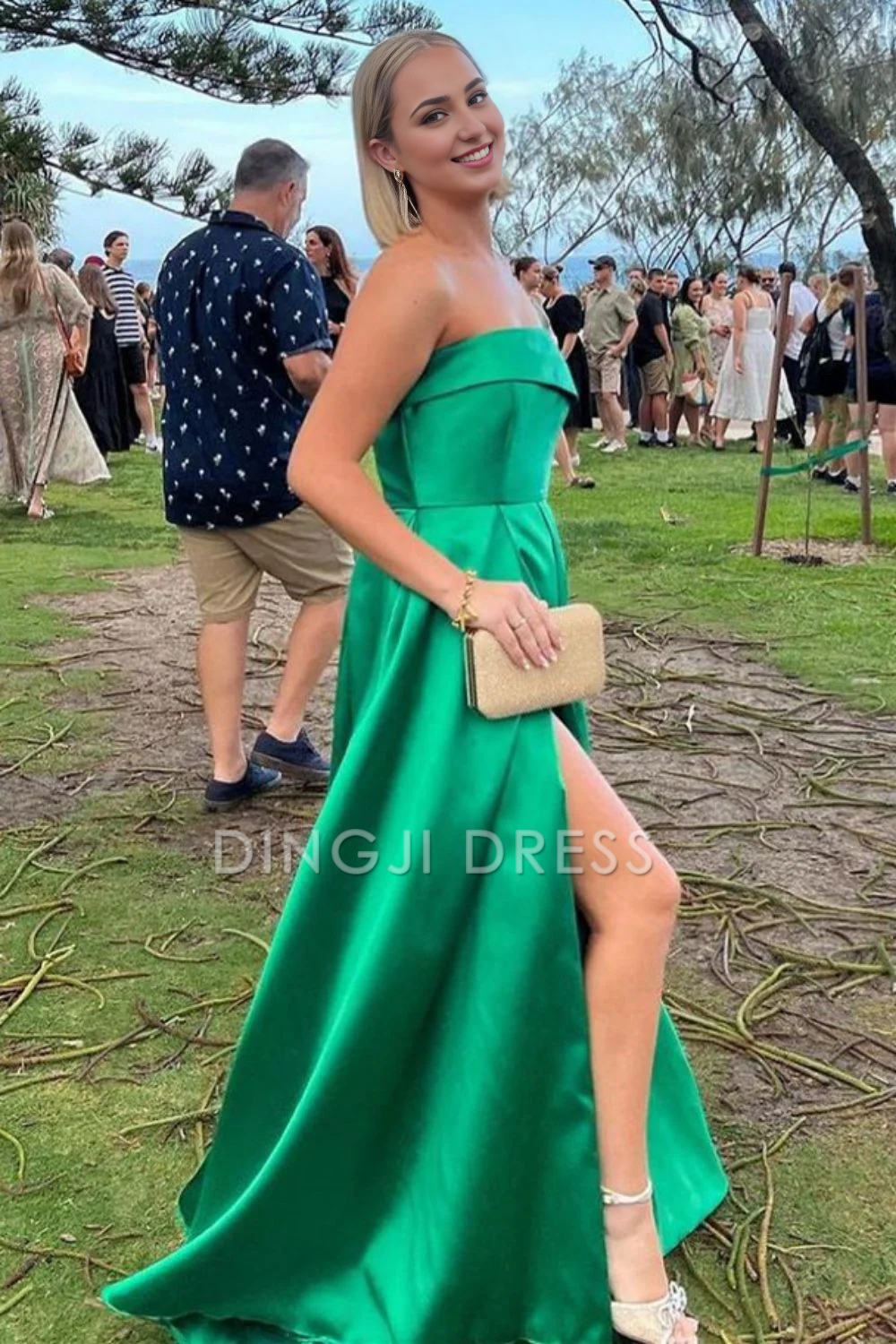 DingJiDress Trendy A Line Strapless Long with Split Front Elegant Prom Dress