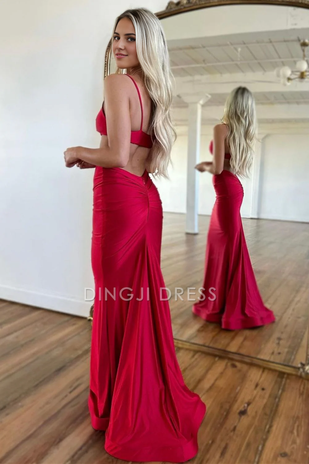 DingJiDress Stylish Mermaid Spaghetti Straps Long Backless Satin Fashion Simple Prom Dress