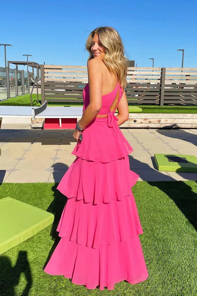A Line V Neck Halter Pink Chiffon Tiered Prom Dress