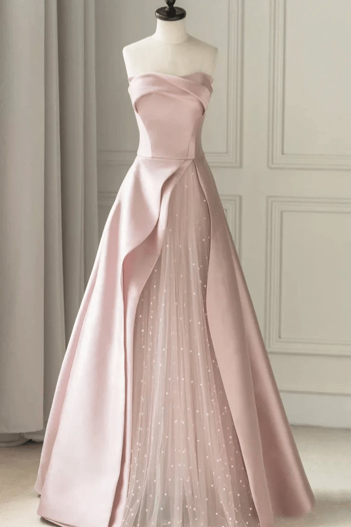 Pink Tulle and Satin A-line Party Dress Unique Pink Long Prom Dress