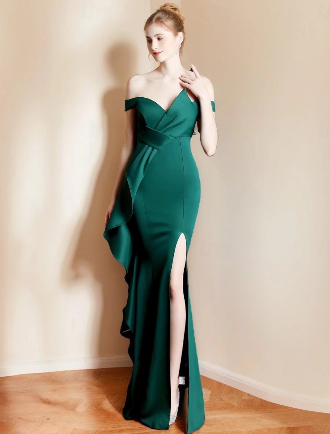 Mermaid / Trumpet Evening Gown Elegant Dress Formal Wedding Floor Length 3/4 Length Sleeve Off Shoulder Stretch Crepe with Glitter Tassel