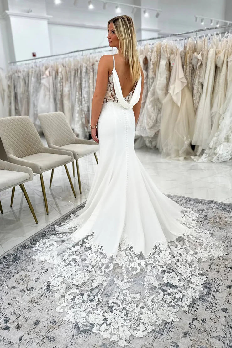 Mermaid V Neck Elastic Satin Long Wedding Dress with Appliques