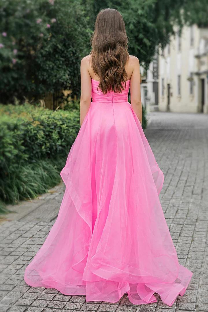 Pink Strapless A-Line Empire-Waist Sleeveless Long Formal Prom Dress