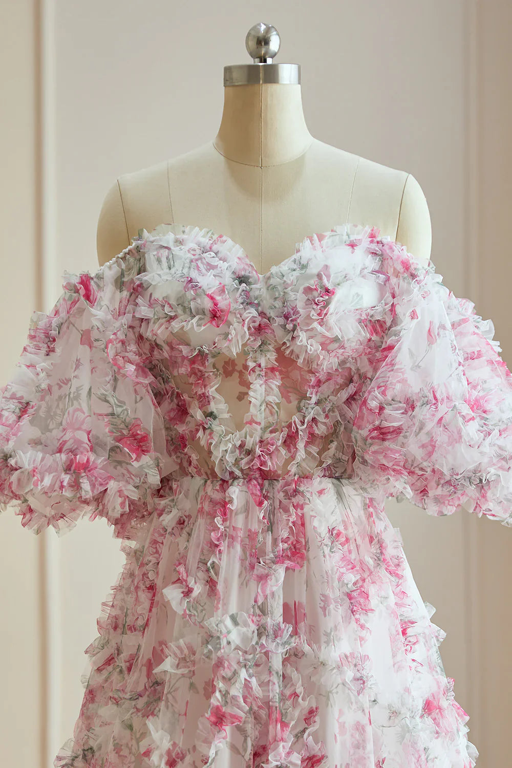 DingJiDress A Line Sweetheart Ruffles Sweep Train Floral Printed Chiffon Prom Dresses