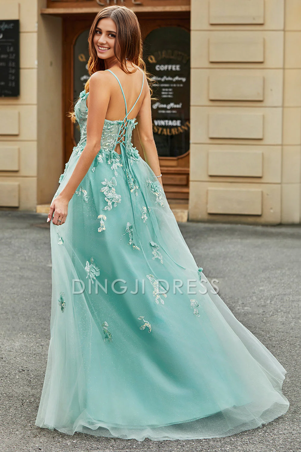 DingJiDress High Quality Dress Exquisite A-Line Spaghetti Strap Tulle Corset Backless With Appliques Prom Dress
