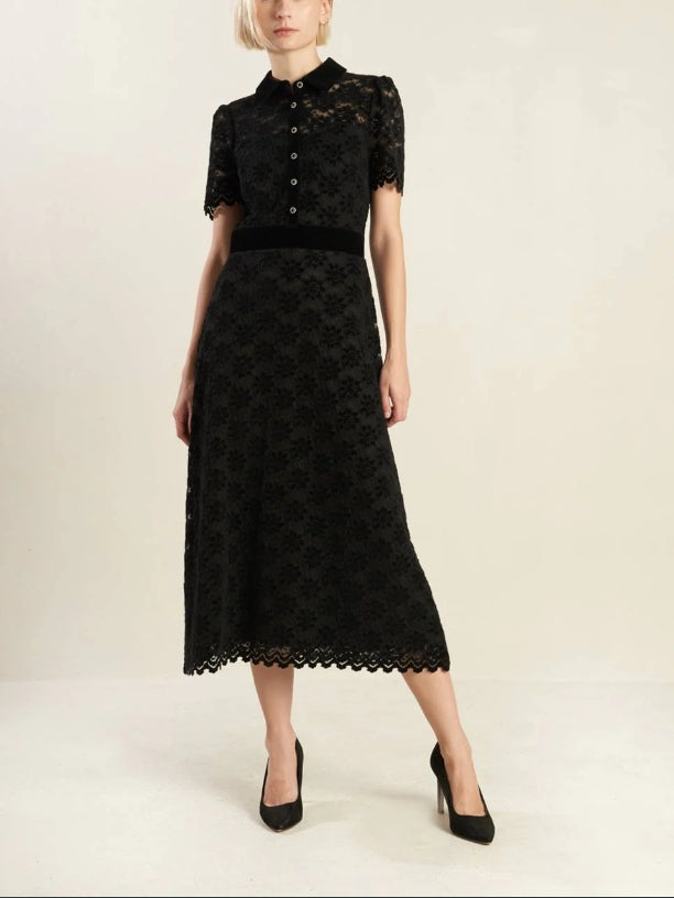 DingJiDress New Pattern Wedding Guest Dress Lace Dress Featuring Shirt Collar Bodice Button Down Short Sleeve Back Zipper Closure Black Formal Dress Evening Dress