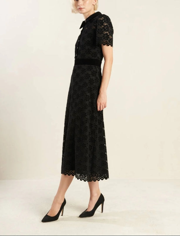 DingJiDress New Pattern Wedding Guest Dress Lace Dress Featuring Shirt Collar Bodice Button Down Short Sleeve Back Zipper Closure Black Formal Dress Evening Dress