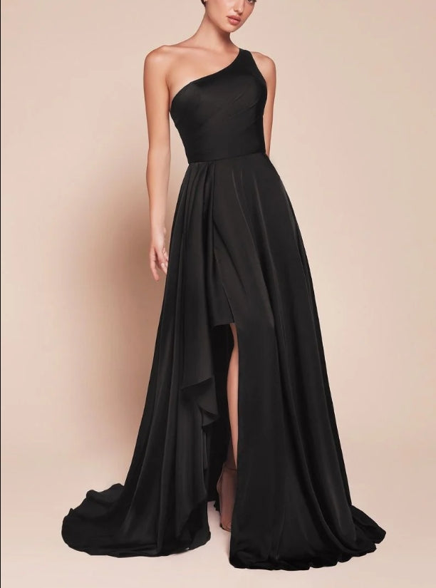 DingJiDress New Pattern Wedding Guest Dress One Shoulder Flowing Asymmetrical Skirt Open Back Adjustable Asymmetrical Strap Side Fork Black Formal Dress Evening Dress