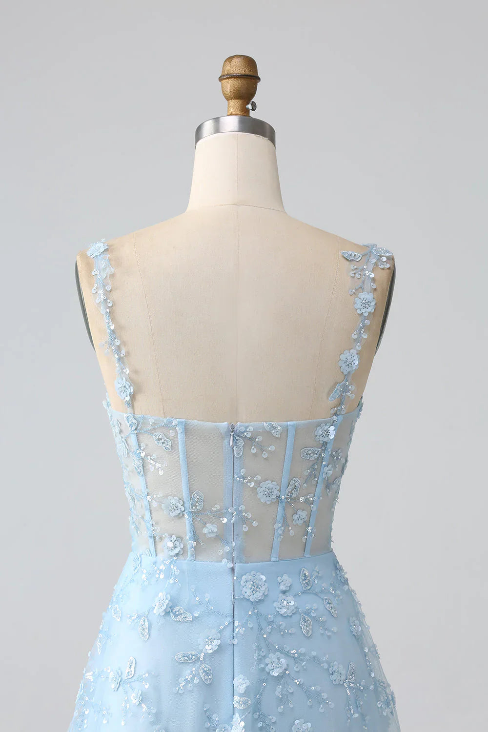 DingJiDress Sparkly Blue A Line Spaghetti Straps Sequin Corset Prom Dress With Slit