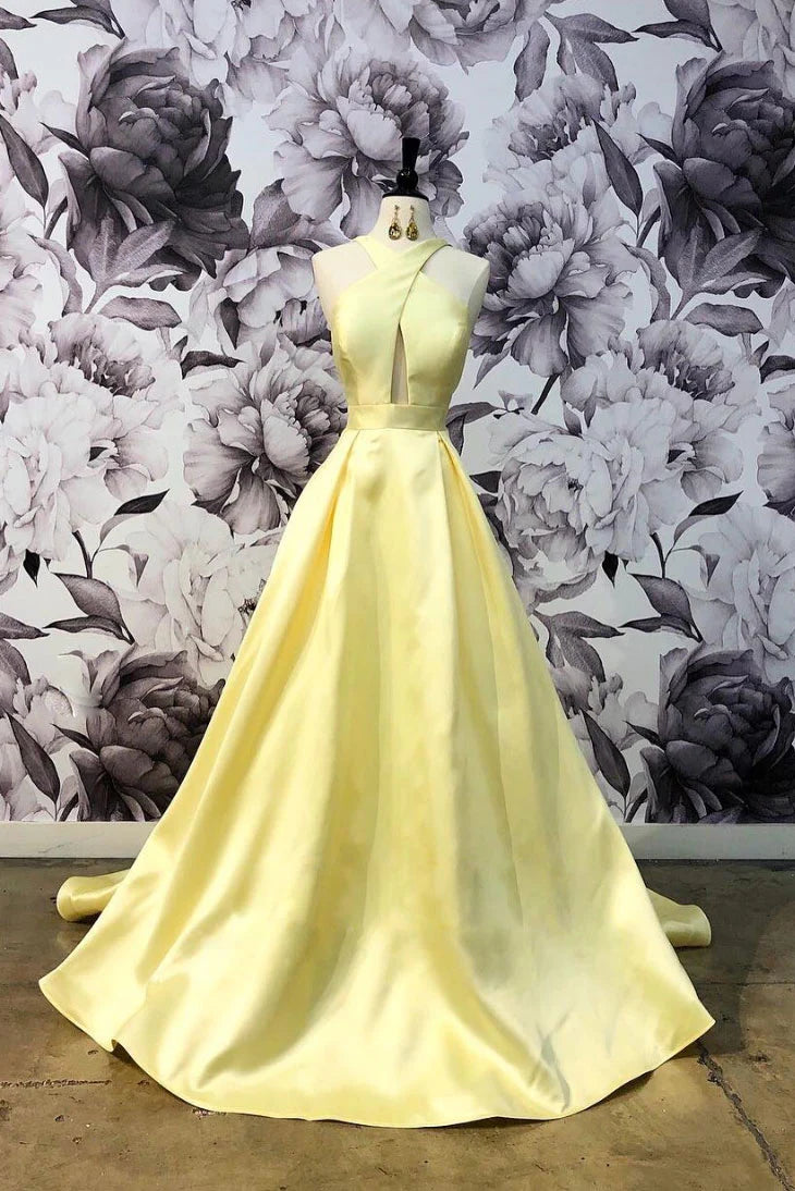 Simple yellow satin long prom dress yellow evening dress