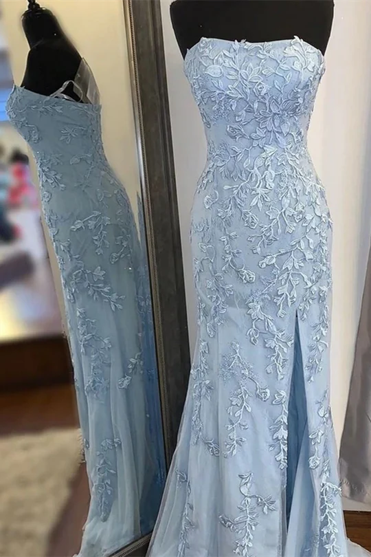 Strapless Applique Mermaid Long Formal Dress with Slit