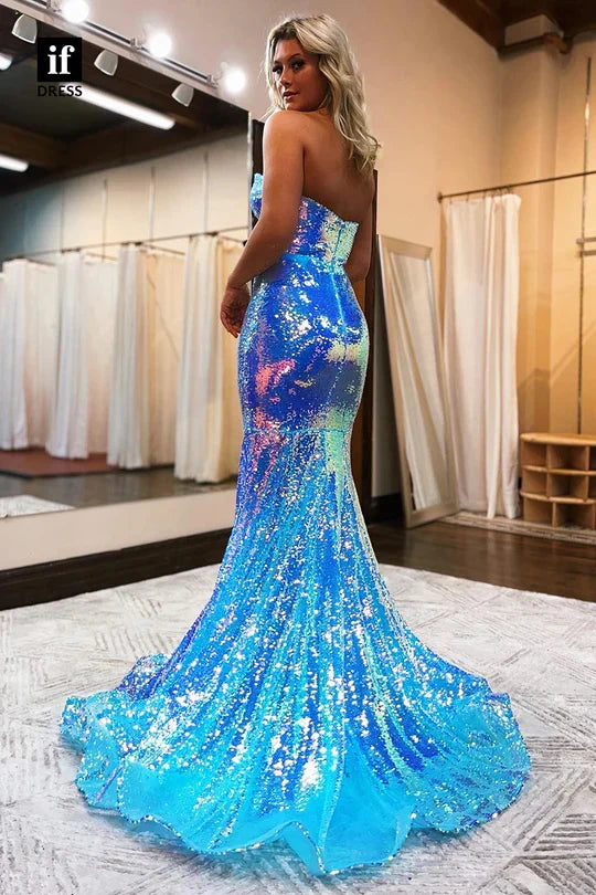 Charming Mermaid Sweetheart Blue Sequins Long Prom Dresses with Slit