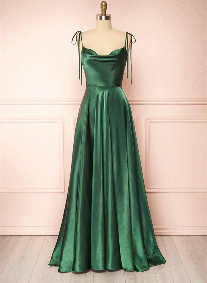 Green Satin Long A-Line Prom DressSpaghetti Straps Evening Dress