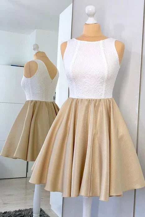 Simple Short Homecoming with Lace Modern A Line Ruched Satin Party Dress