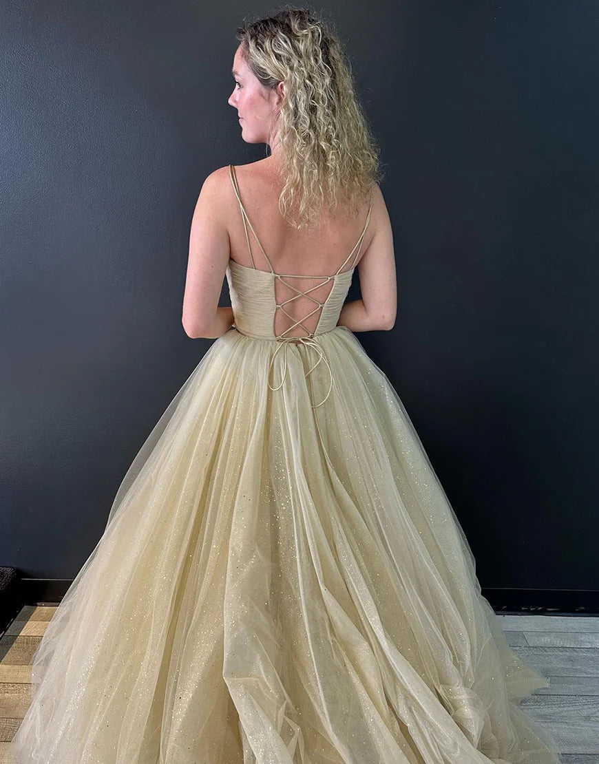 Champagne V-neck chiffon long ball dress