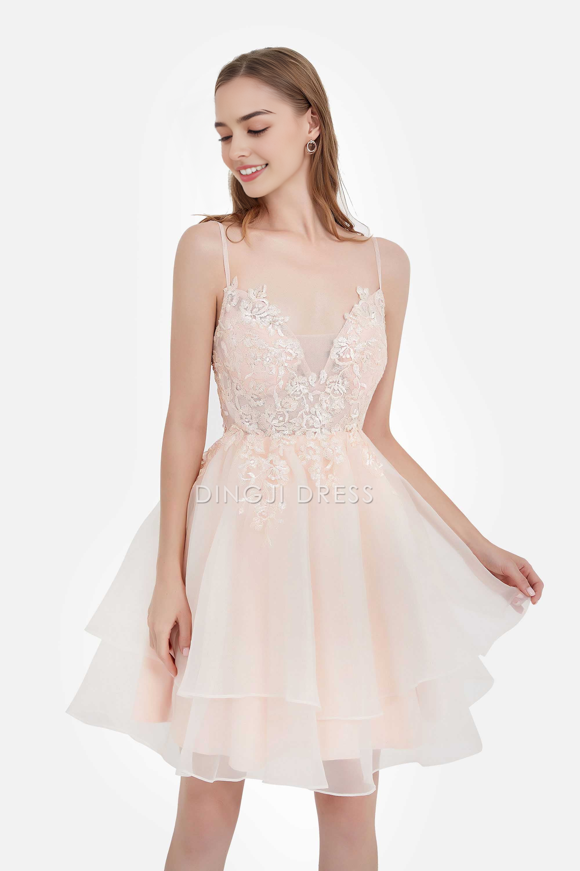 DingJiDress Hot Sale Homecoming Dress Elegant A Line V Neck Spaghetti Straps See-Through Lace Applique Bodice Backless Charming Short Dresses