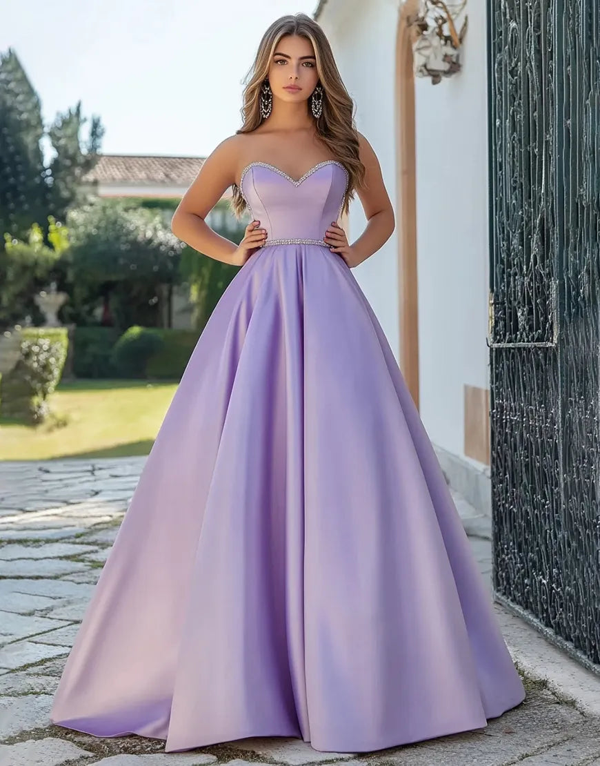 Light purple A-line satin long strapless ball gown