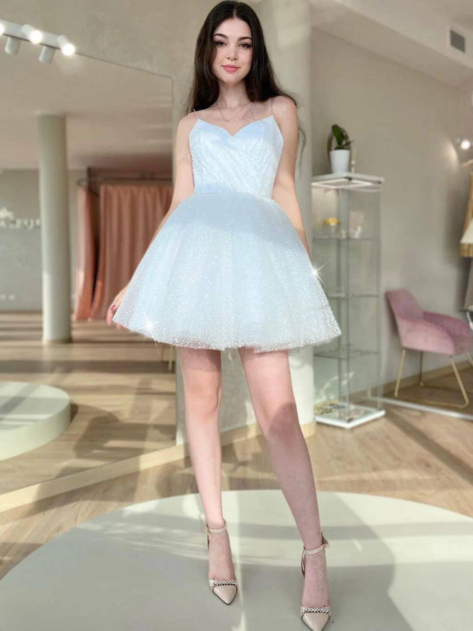 A line Puffy White Short Prom Dresses White Homecoming Dresses