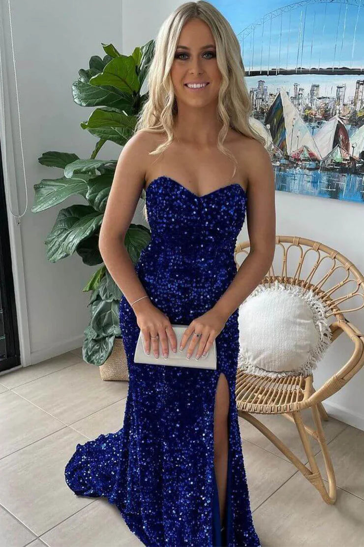 Charming Mermaid Sweetheart Royalblue Sequins Long Prom Dresses with Slit