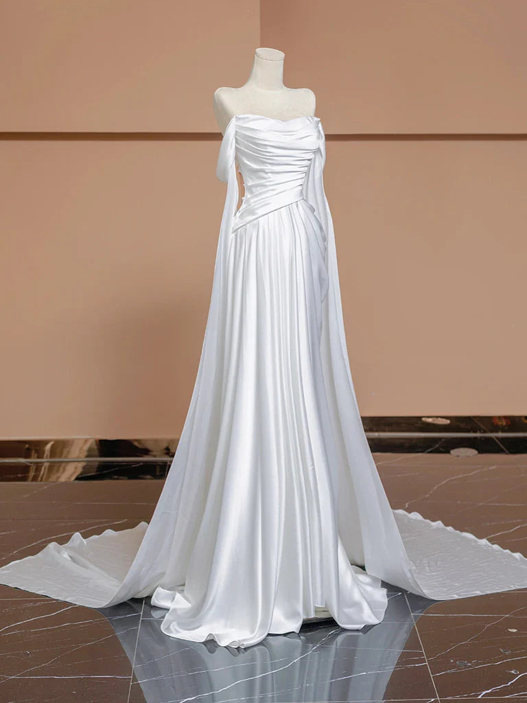 A-Line Satin White Long Prom Dress White Long Formal Dress